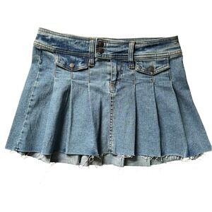 VTG Y2K 2000's Denim Micro Mini Skirt Flounce Pleated Size Medium 7/8 Festival